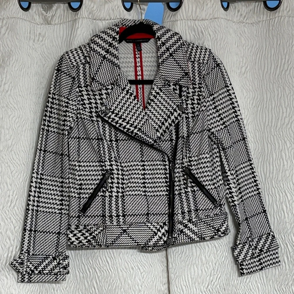 White House Black Market Blazer Jacket Houndstooth Zip Up Shoulder Pads-Size 6 - Picture 1 of 5